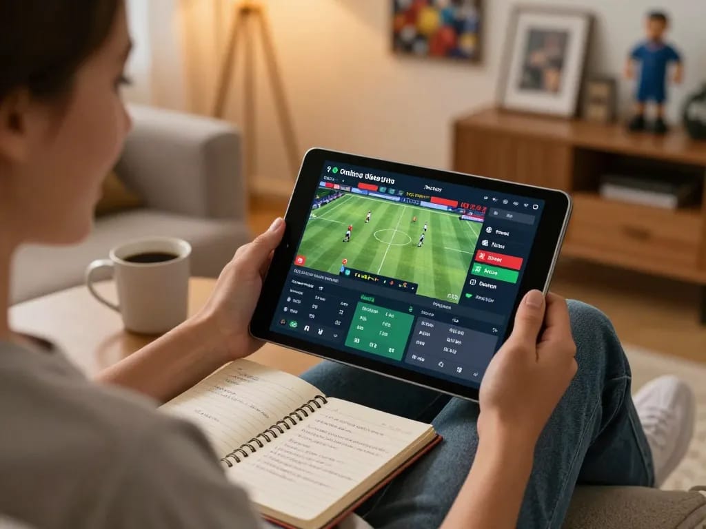 CakhiaTV user engaged in online sports betting from a cozy home setting, showcasing excitement and strategy.