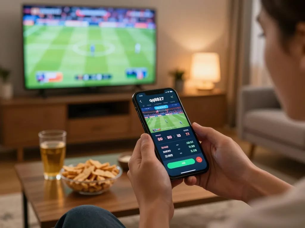 Engaging sports betting scene with qq8827 app on smartphone in a cozy living room.