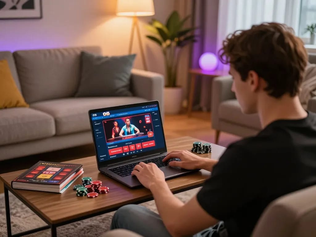 O8 player enjoying online casino gaming on a laptop in a cozy living room setting