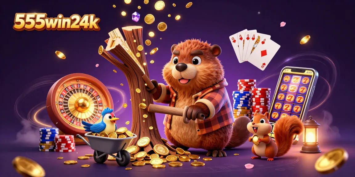 Experience thrilling wins at 555win24k with vibrant gaming elements and a lively 3D scene.