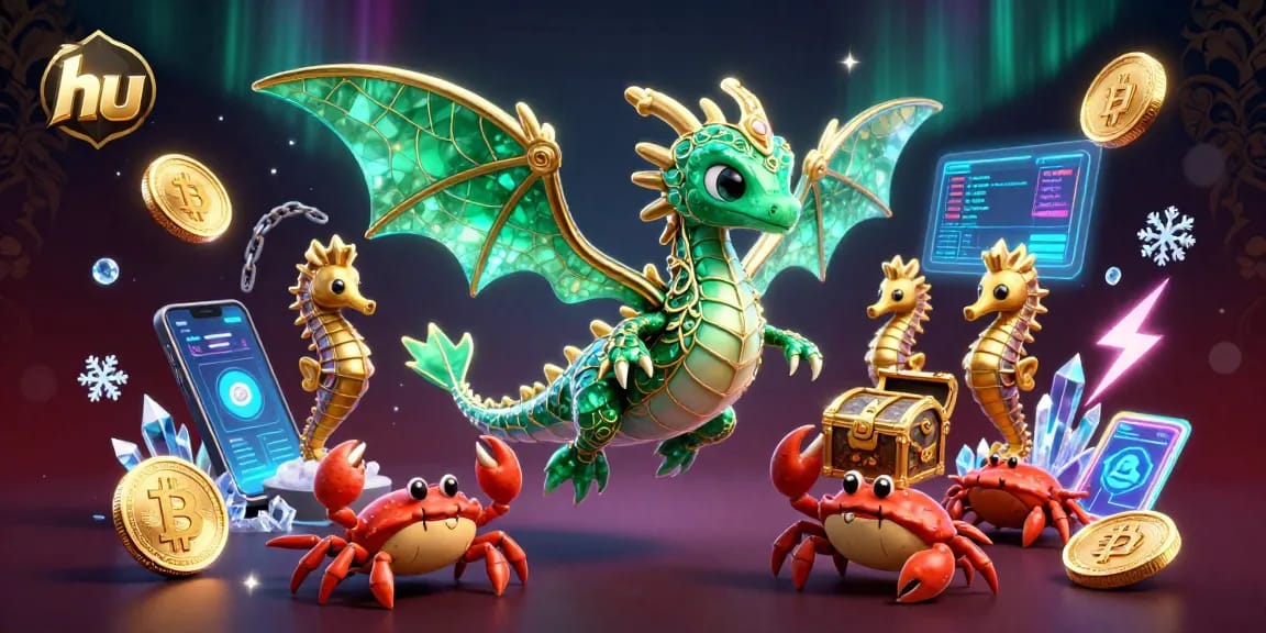 Spin the reels with hu, featuring a vibrant casino scene filled with crypto coins and underwater characters.