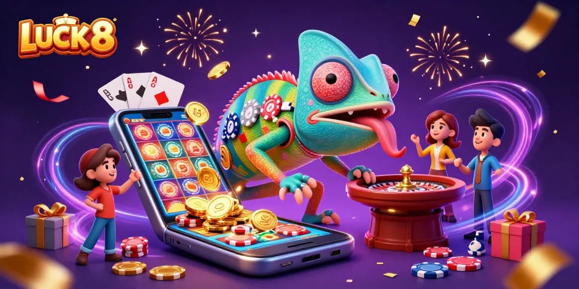 Experience thrilling gameplay at LUCK 8 with a vibrant casino atmosphere featuring a chameleon owner and dynamic slots.