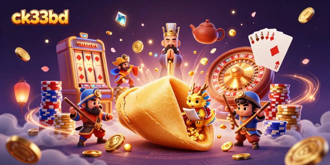 Experience the magic of ck33bd with a dynamic casino scene featuring golden fortune cookies and rich game elements.
