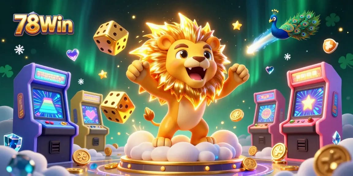 Experience thrilling gameplay at 78Win as the sun lion roars triumphantly surrounded by colorful casino elements.