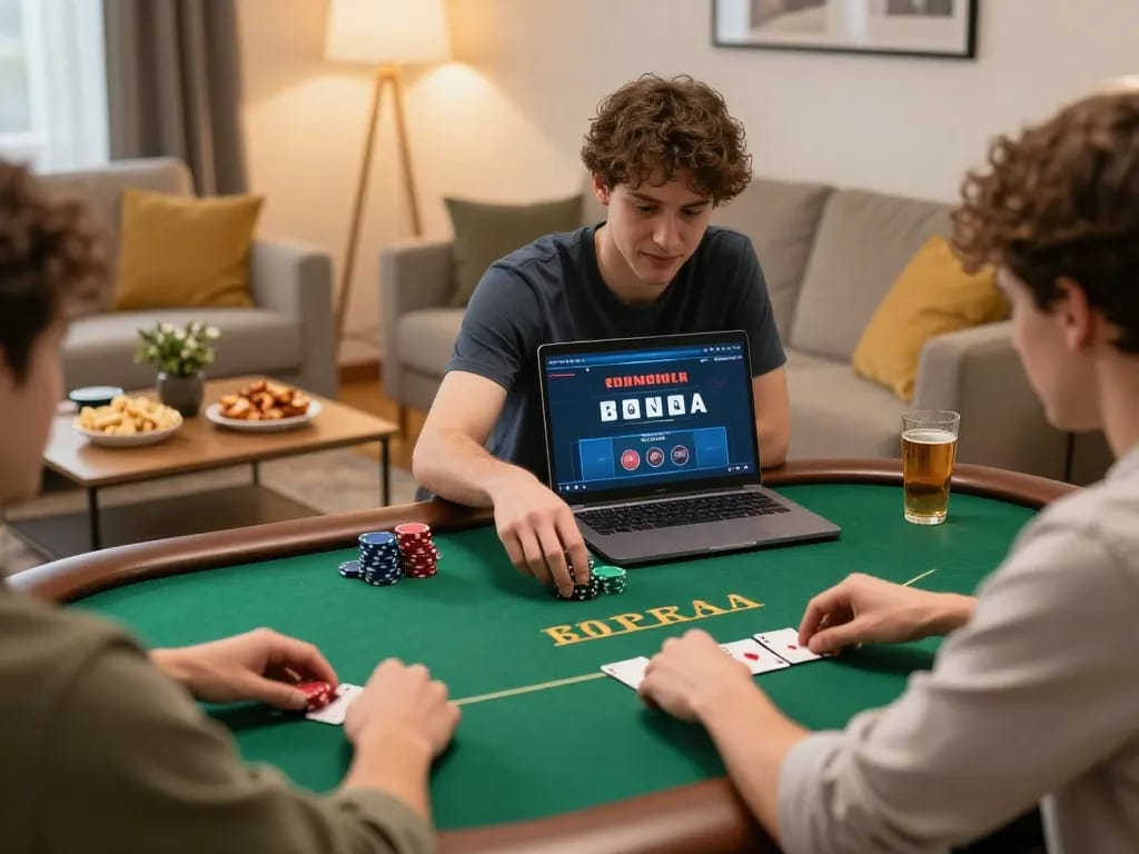 Engaging in online poker gameplay showcasing gamebaidoithuong strategic moments in a cozy home setting.