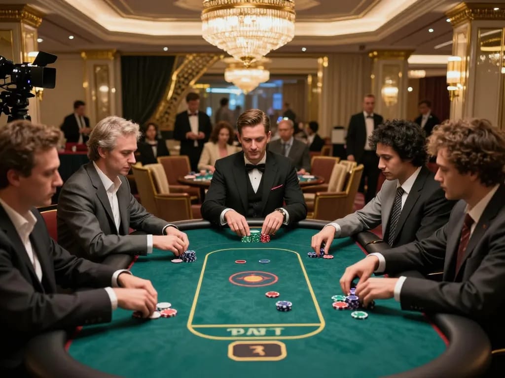 Players strategizing at a luxury poker table in an upscale casino, showcasing GG88 gaming experience
