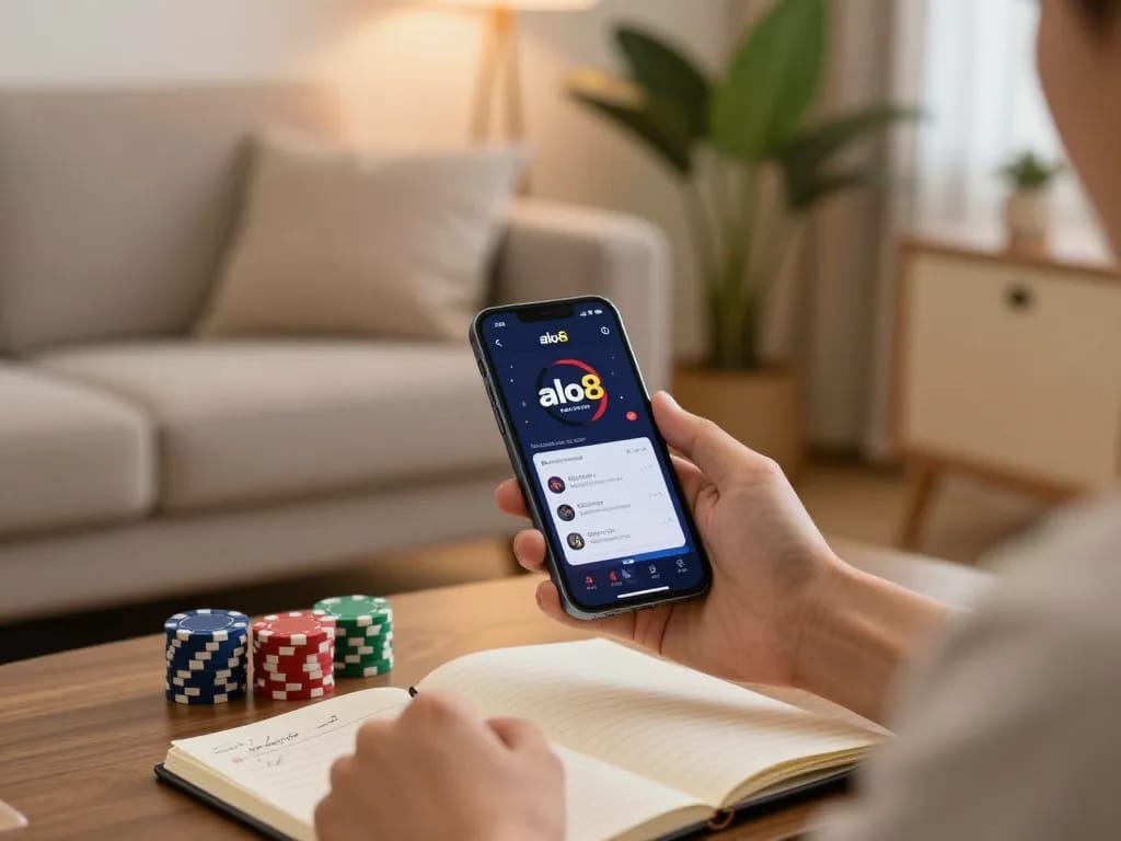 Engaging in online casino gaming using link vào alo8 on a smartphone in a cozy living room.