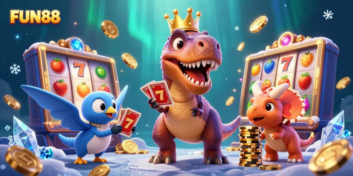 Join FUN88's exciting casino adventure with a T-Rex and friends at a vibrant slot game!