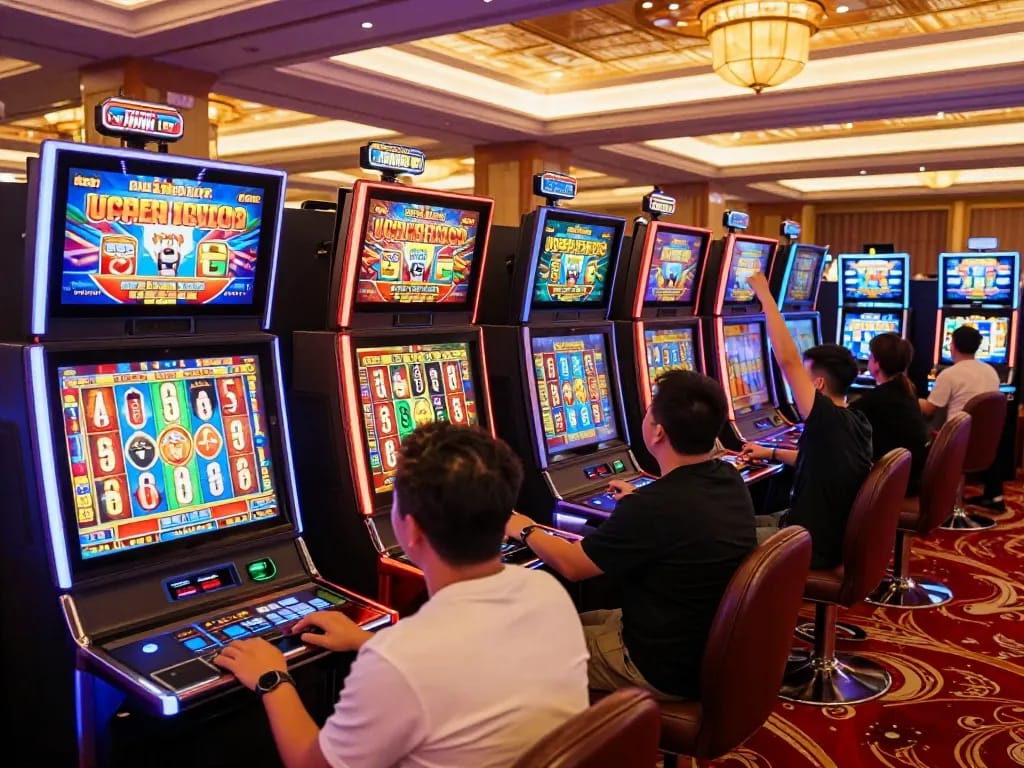 Engaged players enjoying slot machines at the casino, highlighting nhà cái 88bet's vibrant gaming experience.