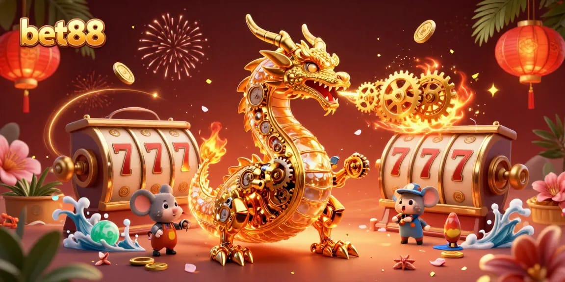 Experience thrilling gameplay at bet88 with an ultra-detailed scene of a golden dragon amid slot reels and festive decorations.