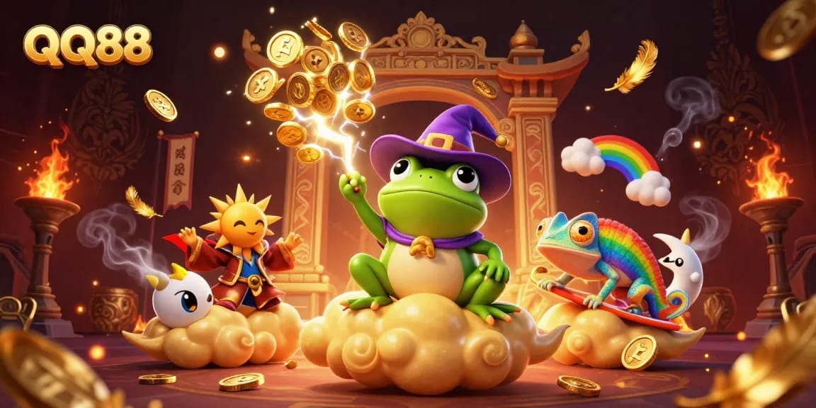 Experience QQ88's enchanting golden storm of wealth and excitement within a captivating casino scene.