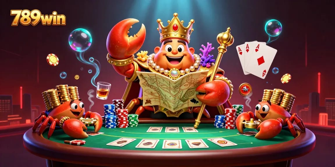 Experience thrilling poker action with 789win’s vibrant casino illustration featuring a crab emperor and dynamic game elements.