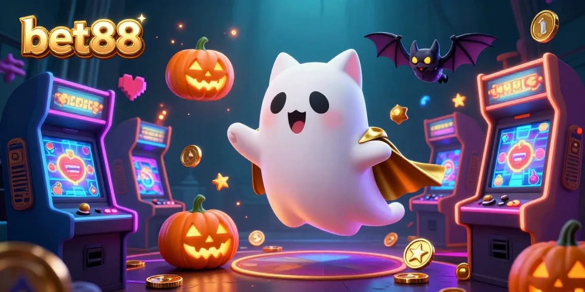 Play exciting games at bet88 casino with a friendly ghost cat and glowing elements.