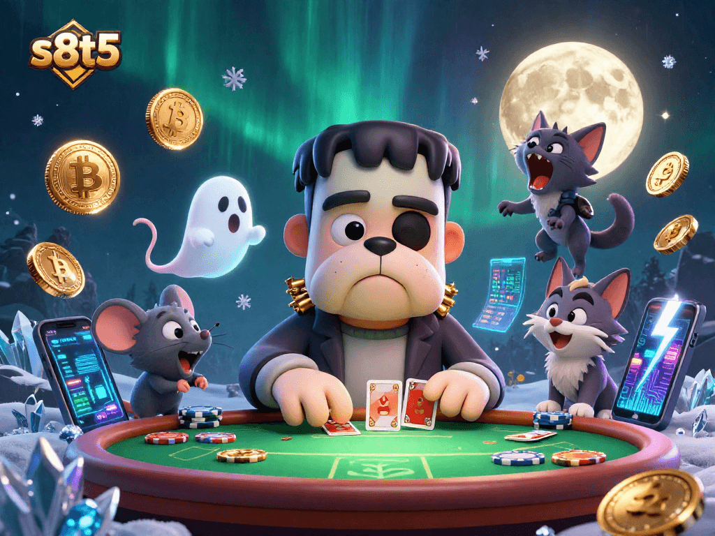 Engage in thrilling s8t5 adventures with a living casino scene featuring vibrant gaming characters and crypto elements.