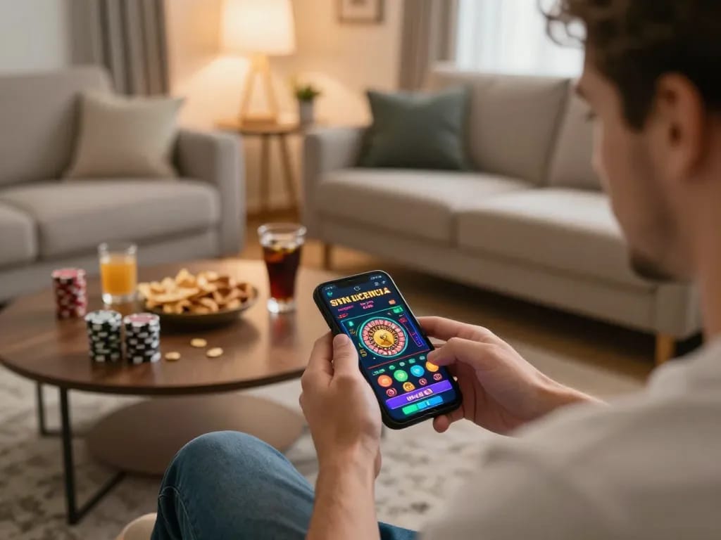 Playing casino sin licencia on a smartphone in a cozy living room