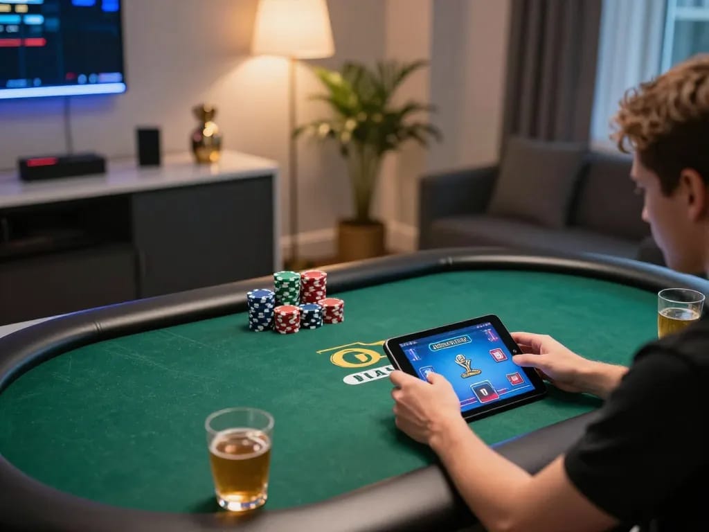 Player enjoying an engaging poker game on tablet, showcasing MM88 online gaming atmosphere