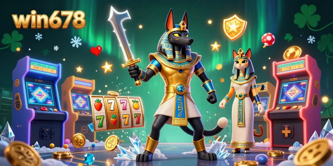 Experience thrilling gameplay at win678 with an illustration of Anubis and Bastet amid vibrant casino elements.
