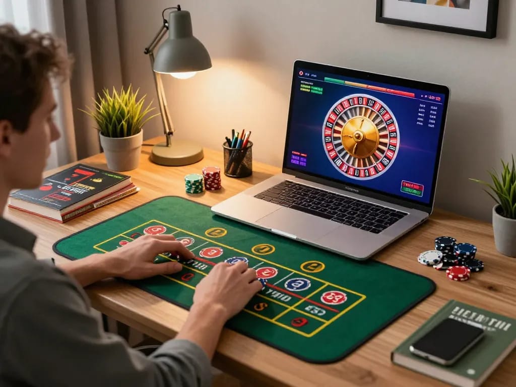 Player engaging in strategic online roulette at home, incorporating GG88 gaming elements.