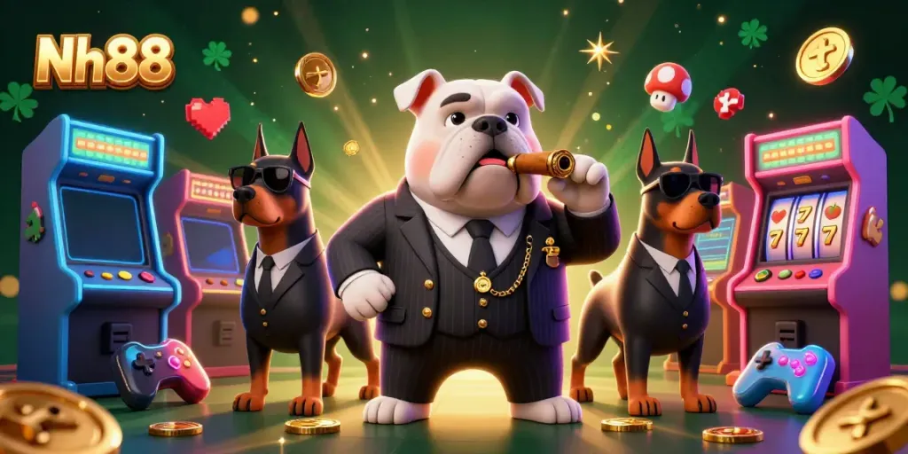 Play exciting casino games at Nh88 with a mafia boss bulldog and two dynamic Doberman bodyguards.