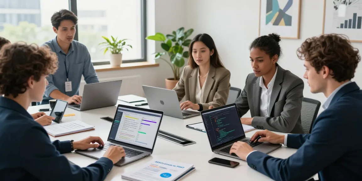 Team brainstorming session on how to build internal tools with AI in a modern office.