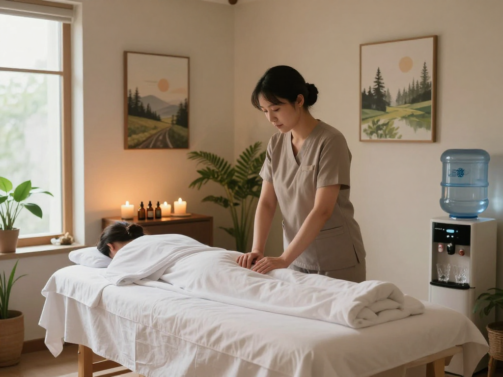 안산출장마사지 session in a serene massage therapy room with essential oils and calming ambiance.