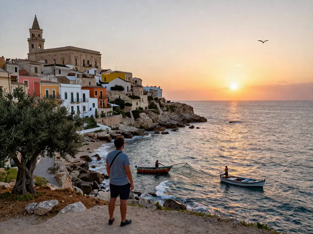 Vista costera de Siracusa, Sicilia, con un viajero admirando el atardecer, simbolizando la esencia de the-sierakaudalo.