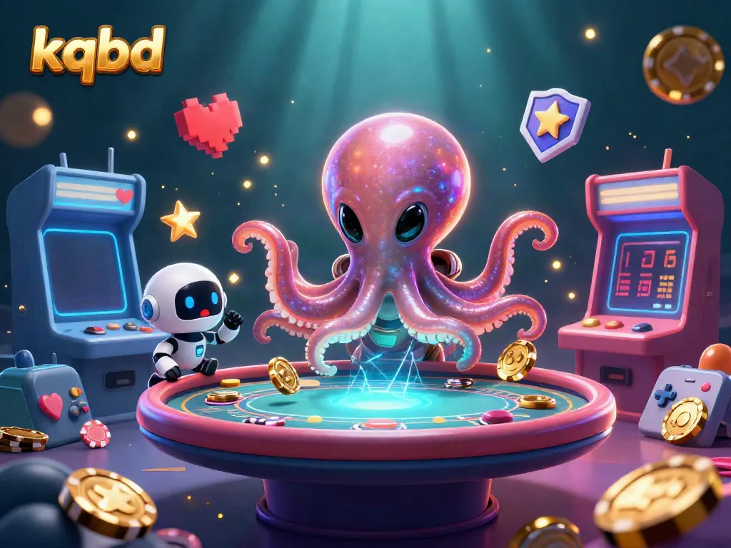 Engage with kqbd's lively alien poker scene, showcasing an octopus dealing holographic poker cards.