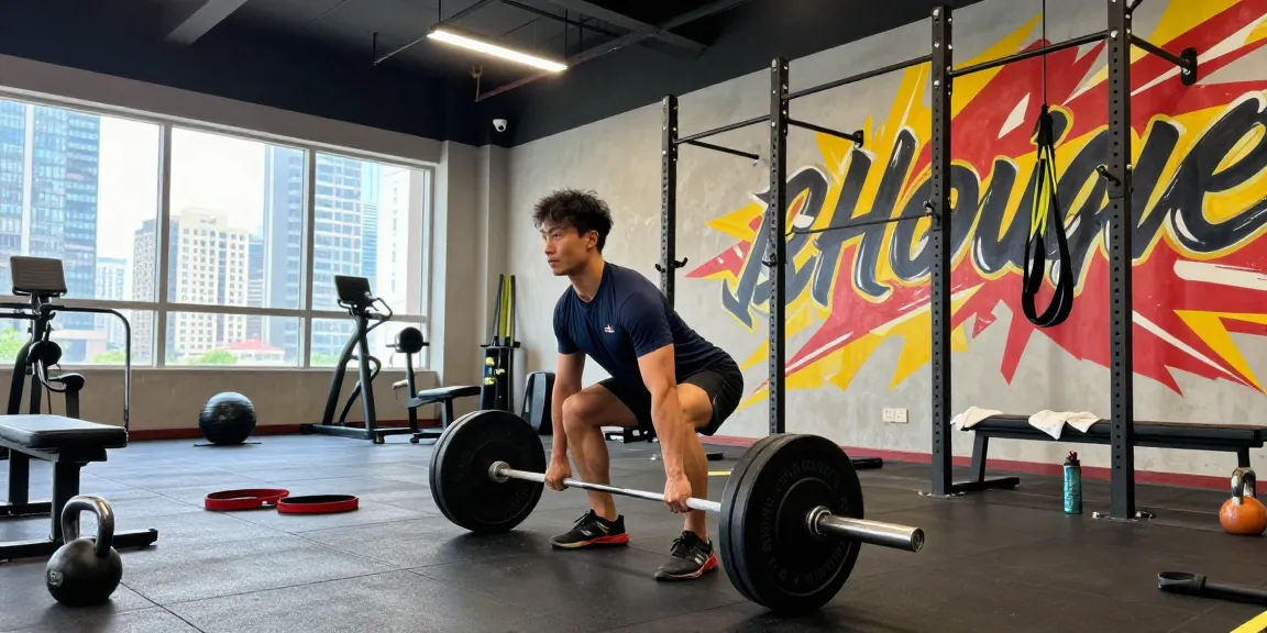 Entrenador en Esteroidesshop levantando pesas en gimnasio moderno, mostrando dedicación y esfuerzo.