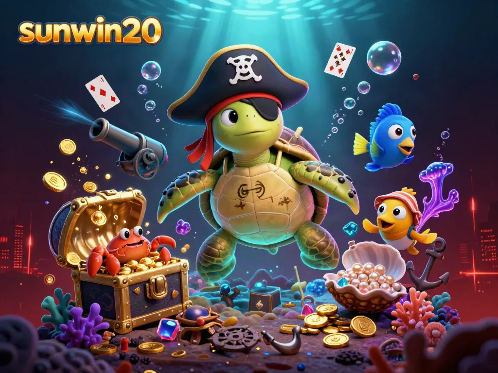Engaging scene of sunwin20's pirate turtle character surrounded by underwater treasures and casino-themed elements.