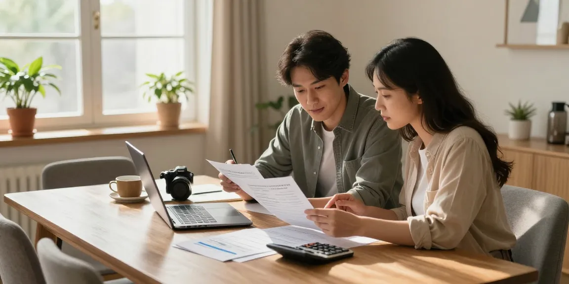 Couple using a simulador hipoteca to calculate mortgage options in a cozy home setting.