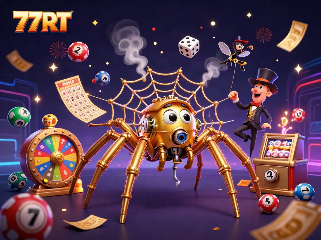 Catch the action with the 77RT steampunk spider illustrating dynamic lottery fun in a vibrant casino setting.