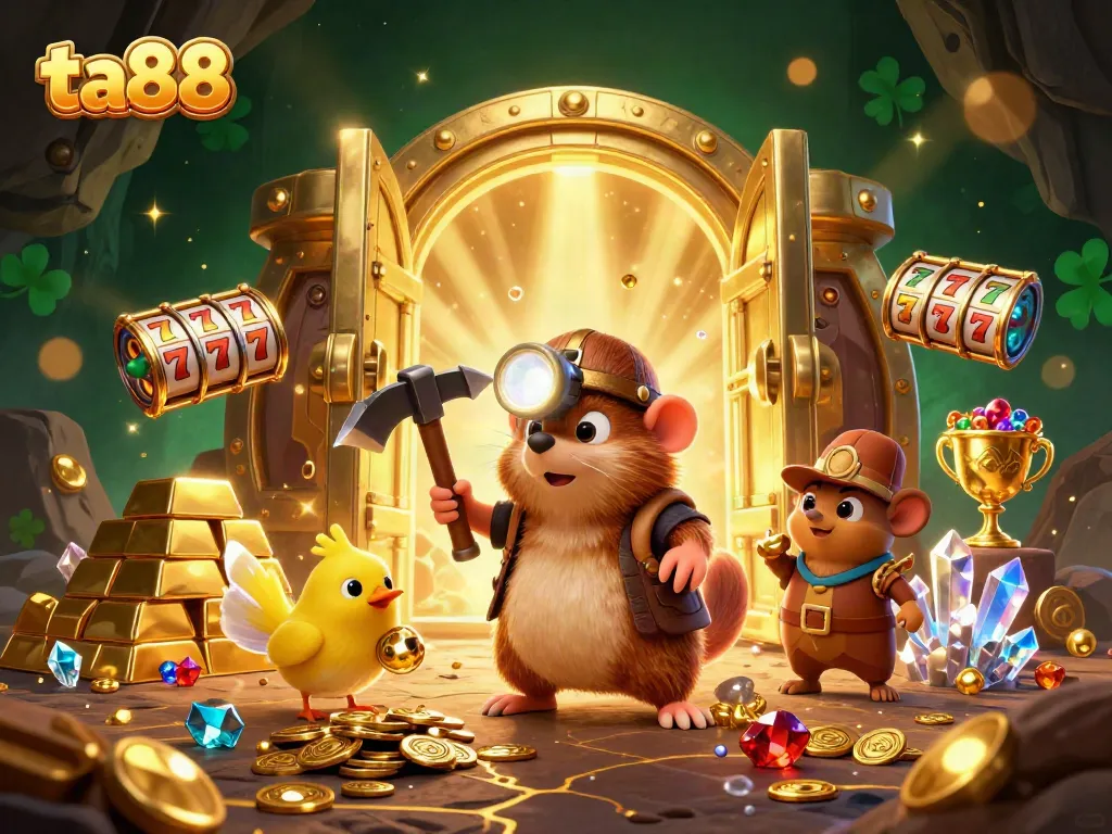 Engage in thrilling slots at ta88 with a treasure hunter mole and sparkling gems in a mystical cave.