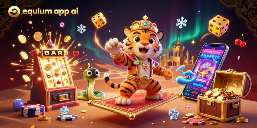 Spin the reels and win with equlum app ai’s captivating 3D casino adventure illustration.