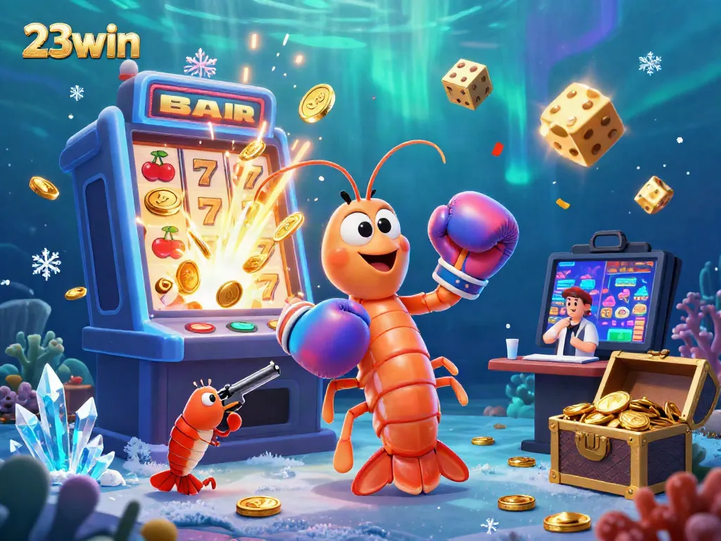 Join the excitement of 23win, featuring vibrant sea creatures amidst a 3D slot explosion and casino thrills.