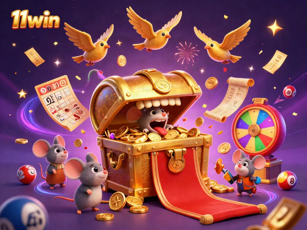 Engage in thrilling 11win adventures with vibrant lottery balls, golden treasures, and festive atmosphere.