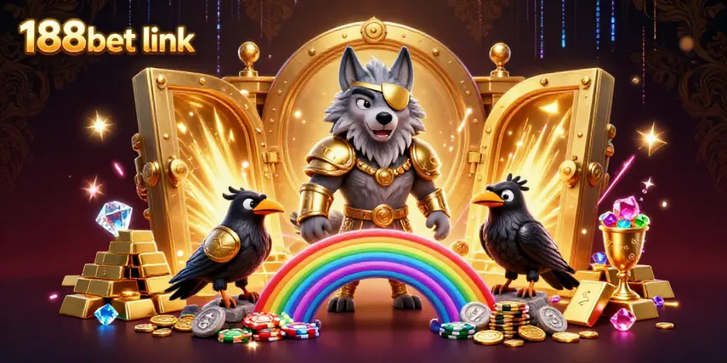 Engage with the vibrant 188bet link scene featuring an Odin wolf and treasures in a casino-themed illustration.