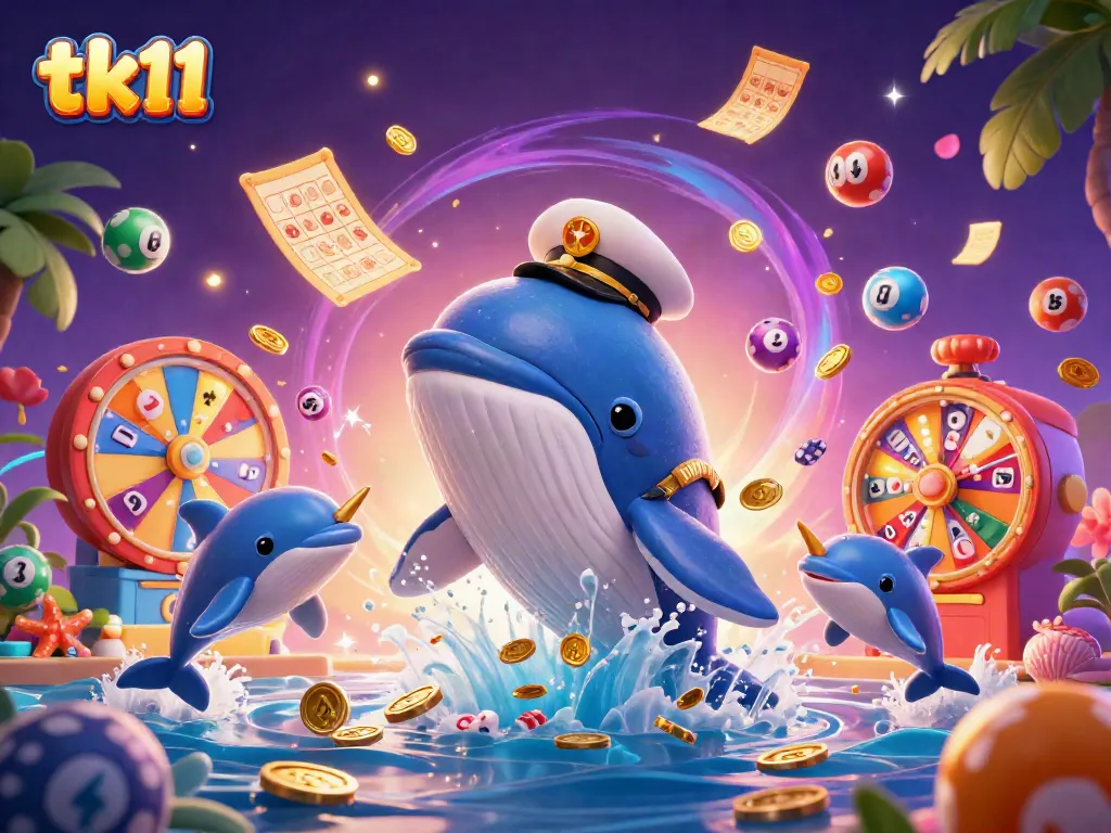 Engage with tk11-themed casino fun featuring a cartoon whale and playful dolphins amidst colorful game elements.