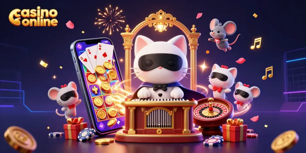 Disfruta de un ambiente de casino online lleno de acción con una escena vibrante y elementos llamativos.