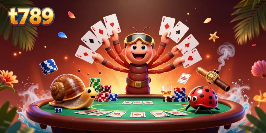 Experience thrilling gaming with t789's cartoon millipede dealer and high-roller snail in dynamic card action.