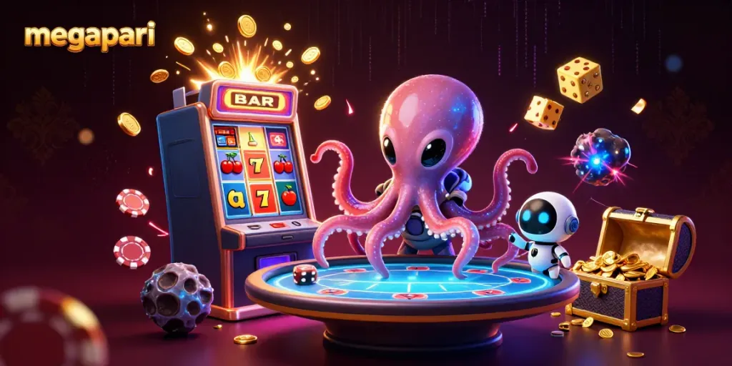 Tragaperras y apuestas en MegaPari con un pulpo alienígena y un robot acompañante.