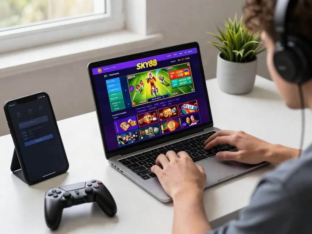 Engaged user enjoying SKY88 online gaming platform on laptop.