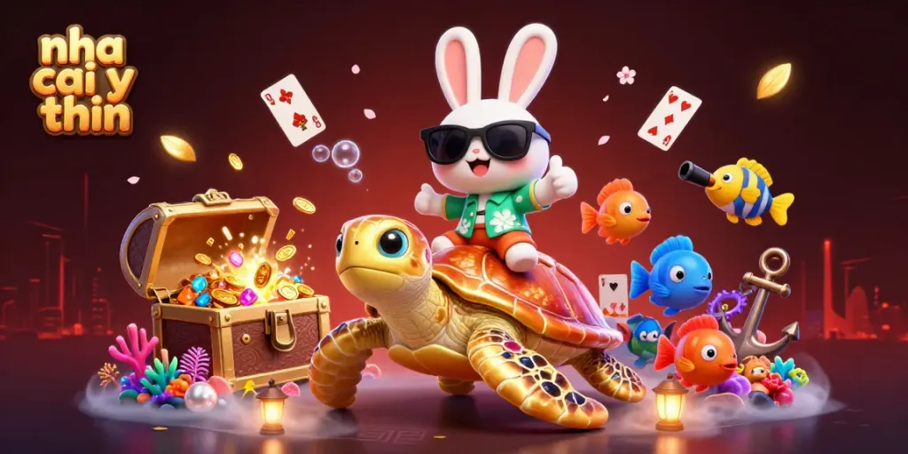 Experience the thrill of nha cai uy tin with a lucky rabbit and golden turtle in a vibrant casino scene.