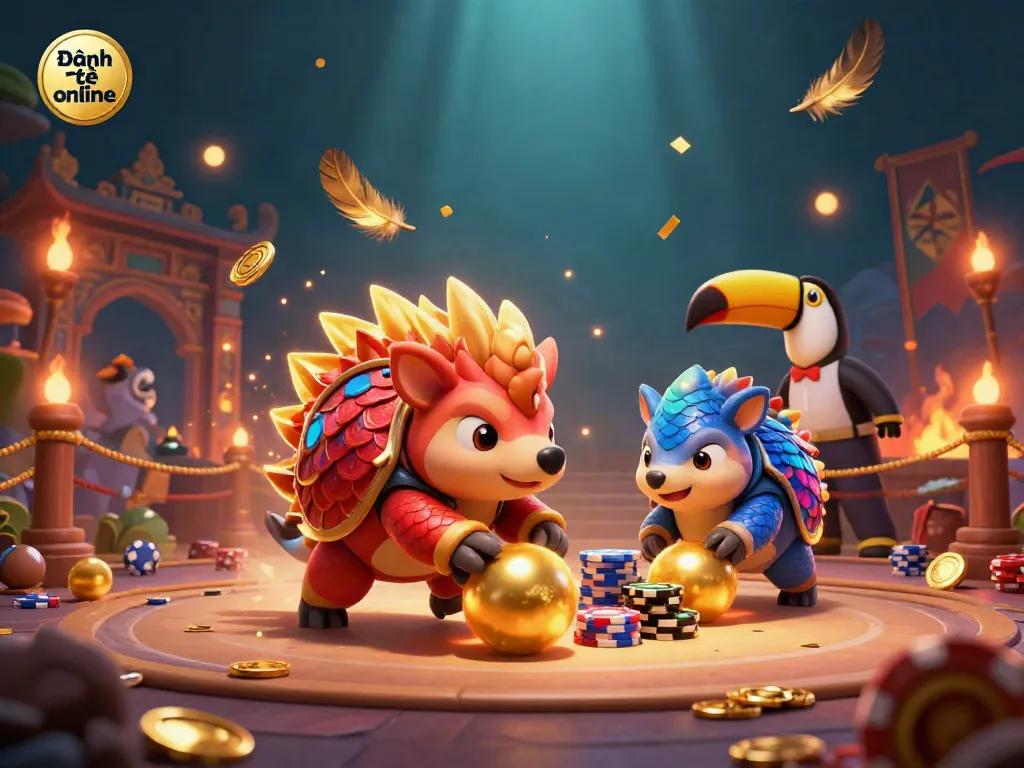 Engage in Đánh đề online with animated pangolins competing among poker chips and golden prize elements.