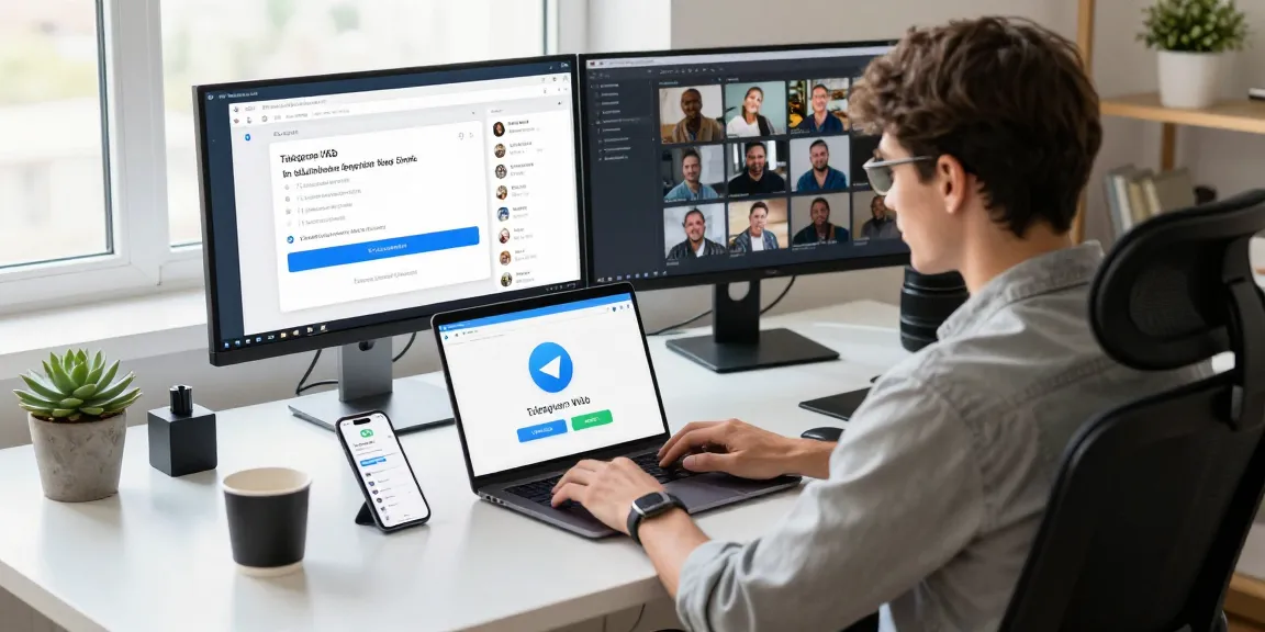 Using Telegram Web on a laptop in a modern office environment with multiple devices, showcasing digital communication.