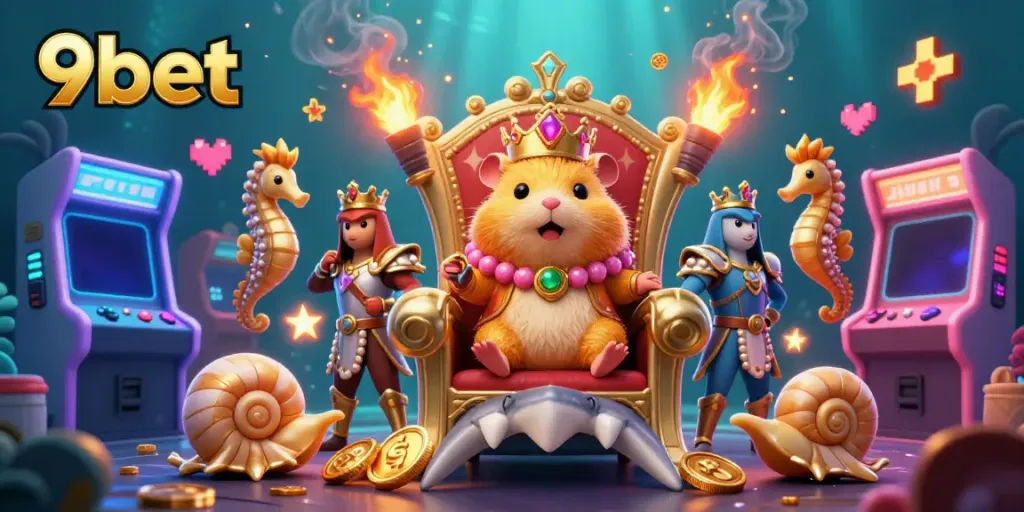 Join the vibrant world of 9bet with a golden hamster king and royal guards in a thrilling casino scene.