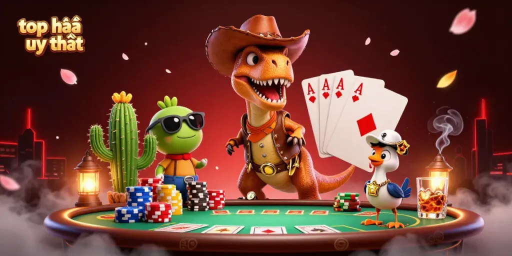 Experience top nhà cái uy tín with thrilling poker action and vibrant characters in this dynamic illustration.