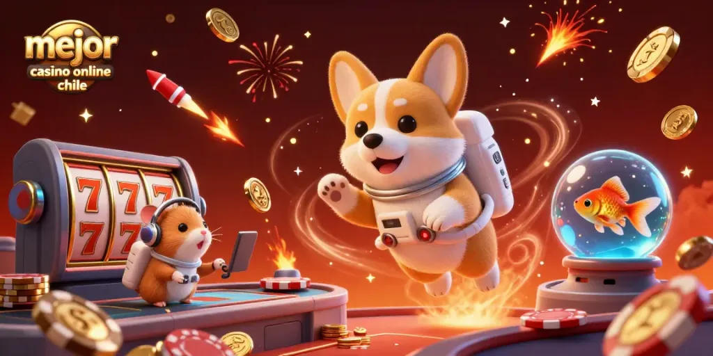 Encuentra el mejor casino online chile con esta divertida ilustración de un perro astronauta y elementos de juego en un casino espacial.