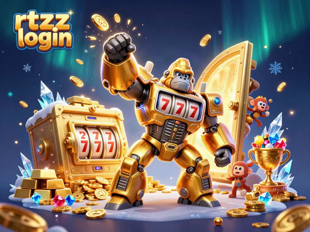 Experience the thrilling rtzz login with vibrant visuals of a golden gorilla mech surrounded by treasures and casino symbols.