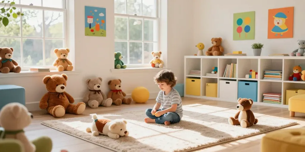 Juguetes Ya: Niña jugando entre peluches en un colorido cuarto infantil.