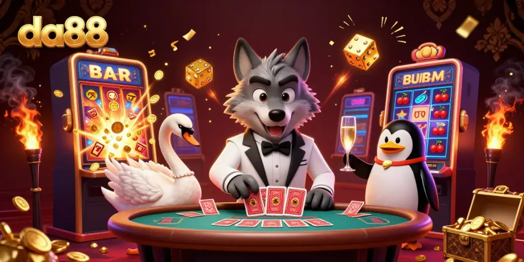 Experience thrilling casino action at da88 with a vibrant illustration showcasing exciting gambling characters and elements.